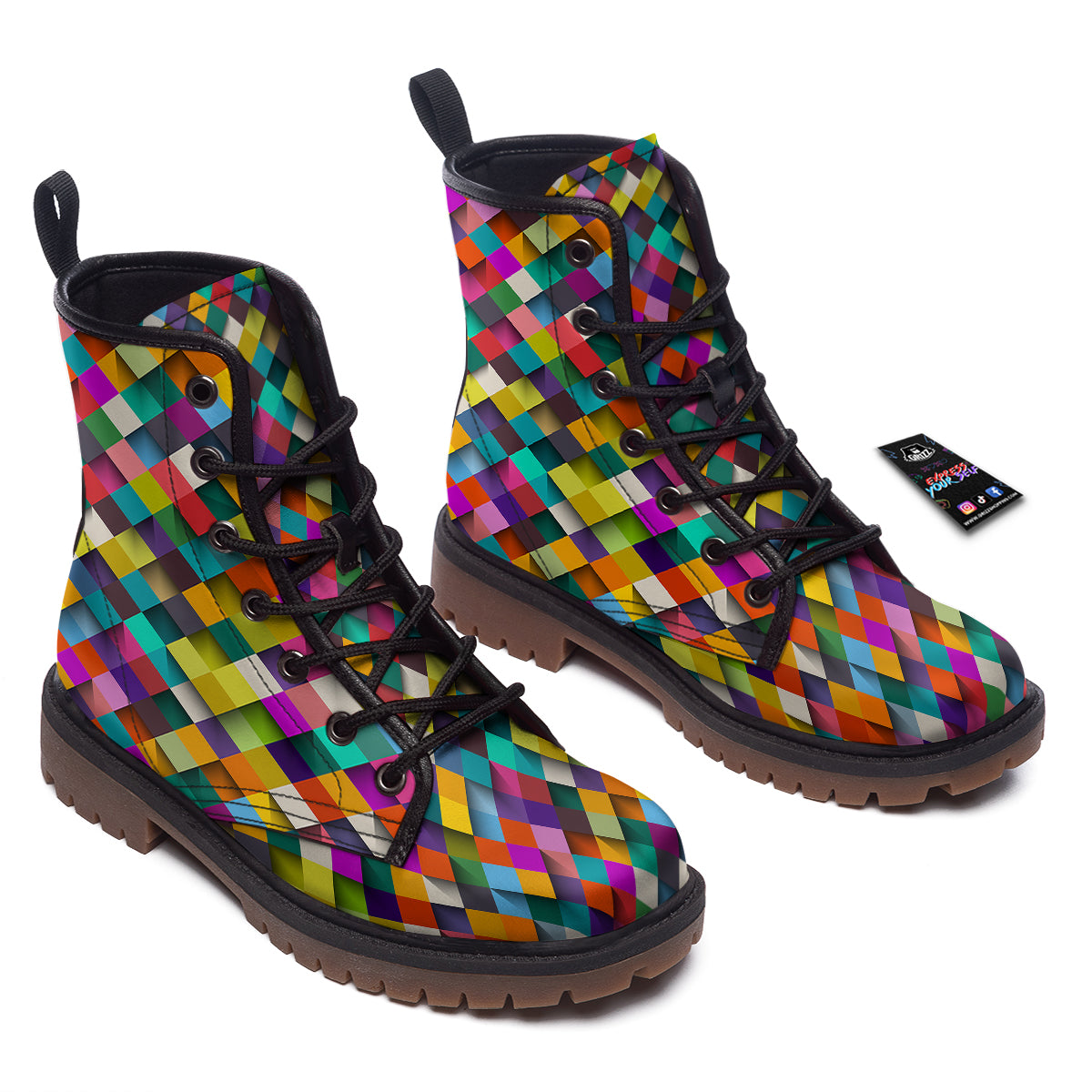Squares 3D Colorful Print Pattern Work Boots-grizzshop