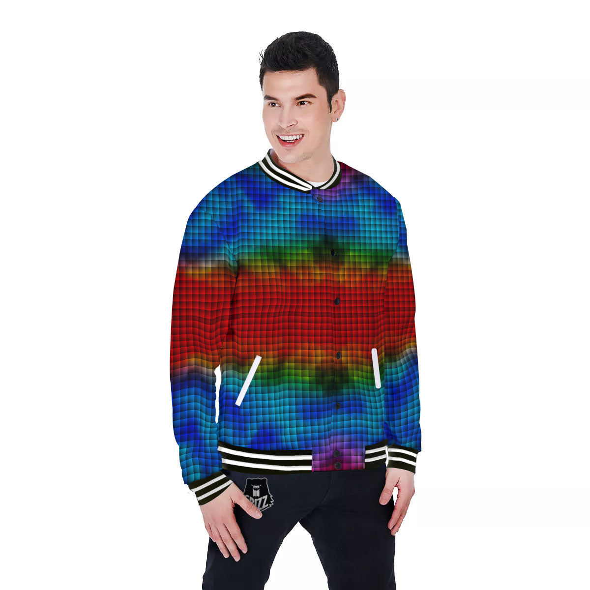 Squares Rainbow Print Pattern Baseball Jacket-grizzshop