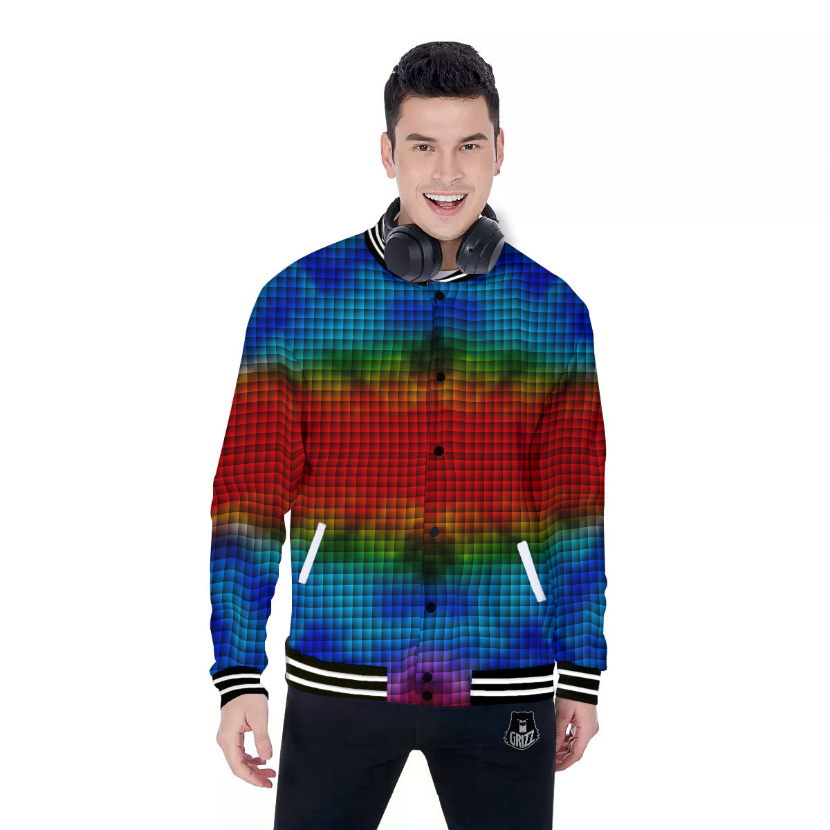 Squares Rainbow Print Pattern Baseball Jacket-grizzshop