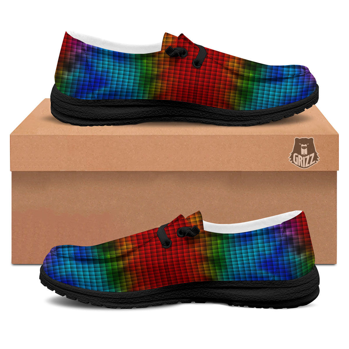 Squares Rainbow Print Pattern Black Loafers-grizzshop
