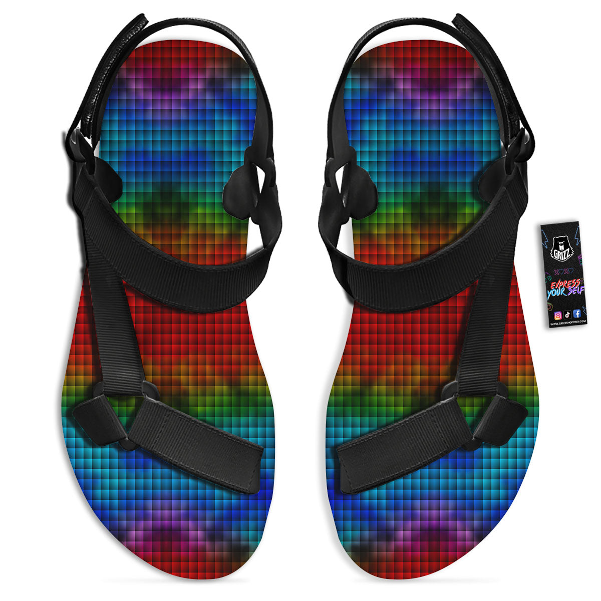 Squares Rainbow Print Pattern Black Open Toe Sandals-grizzshop