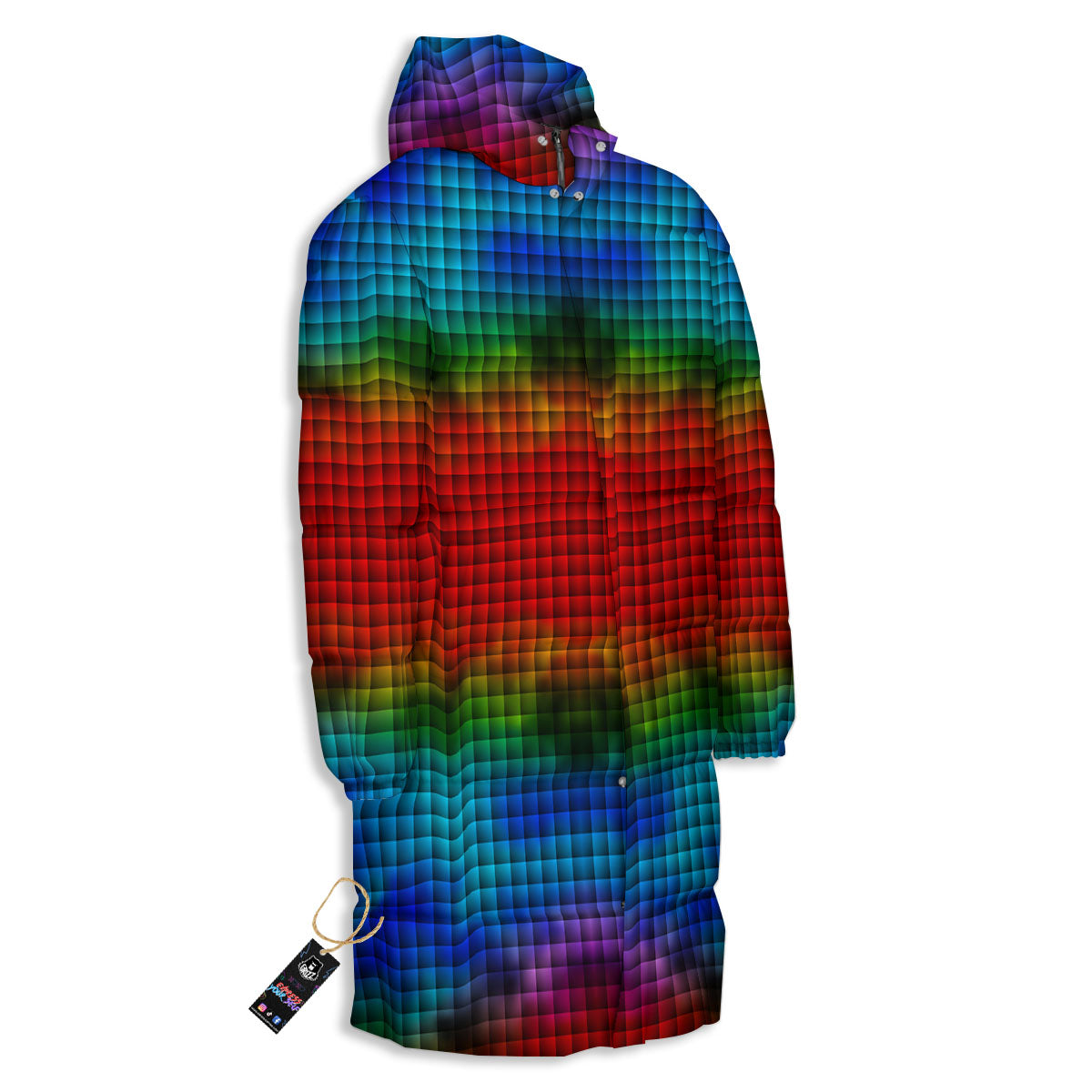 Squares Rainbow Print Pattern Long Down Jacket-grizzshop