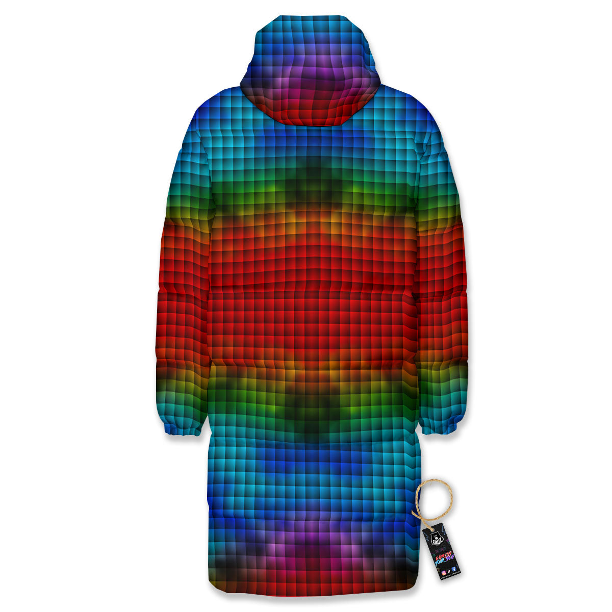 Squares Rainbow Print Pattern Long Down Jacket-grizzshop