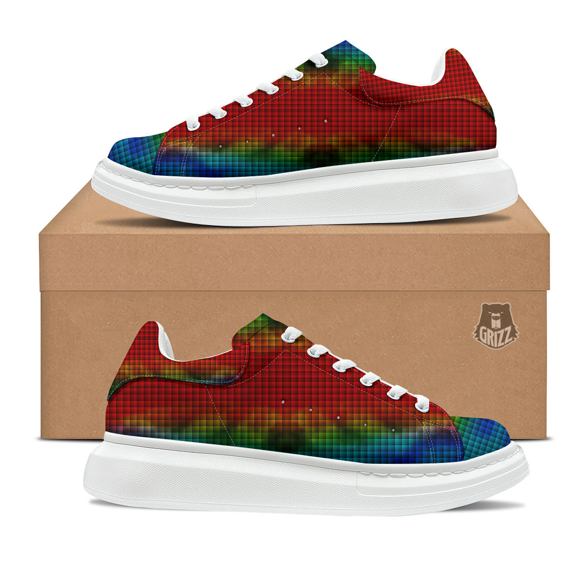 Squares Rainbow Print Pattern Platform Shoes-grizzshop