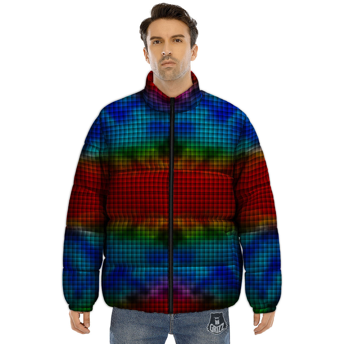 Squares Rainbow Print Pattern Puffer Jacket-grizzshop