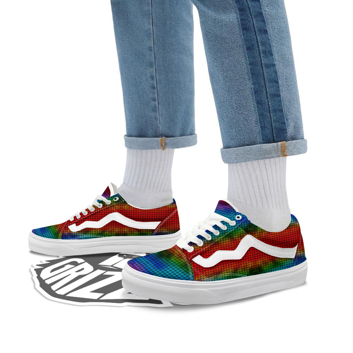 Squares Rainbow Print Pattern Skate Shoes-grizzshop