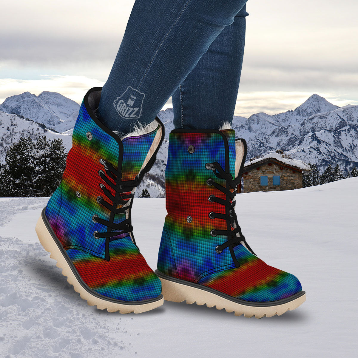Squares Rainbow Print Pattern Snow Boots-grizzshop