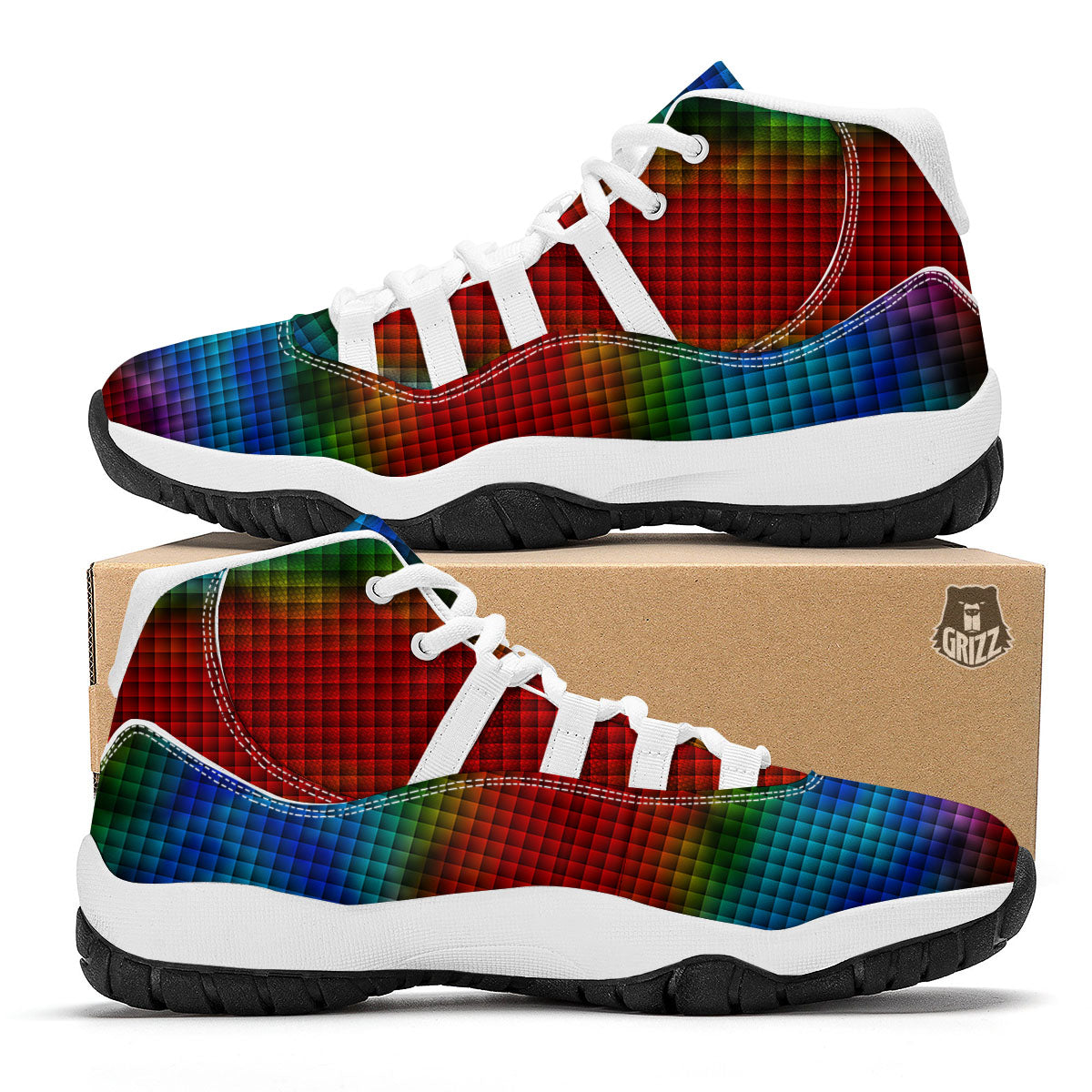 Squares Rainbow Print Pattern White Bball Shoes-grizzshop