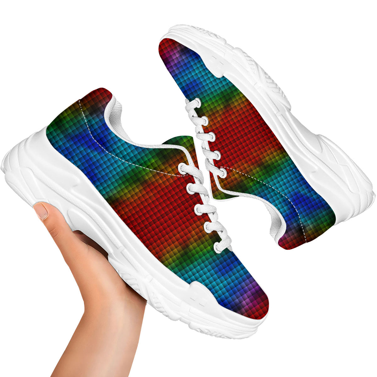 Squares Rainbow Print Pattern White Chunky Shoes-grizzshop