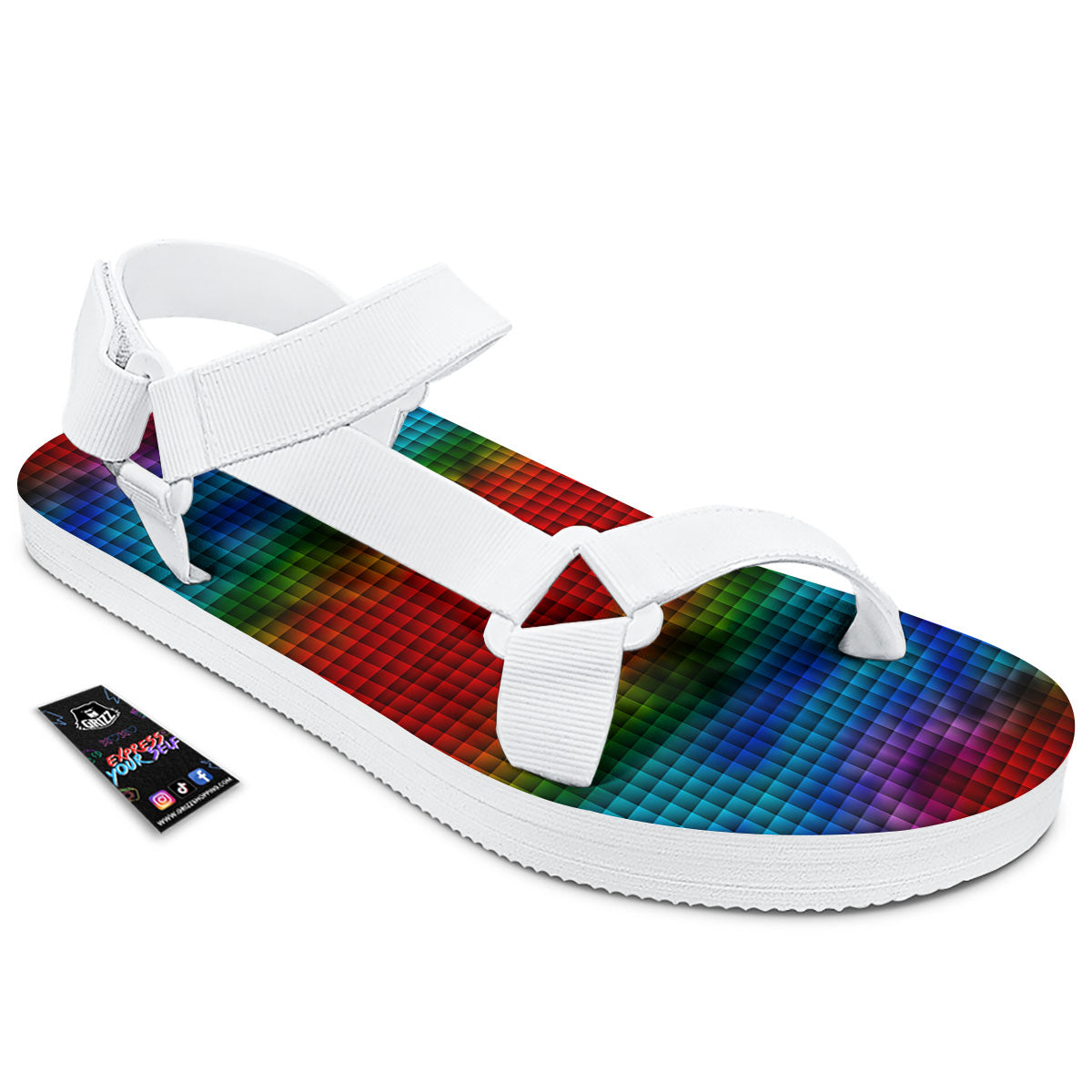 Squares Rainbow Print Pattern White Open Toe Sandals-grizzshop