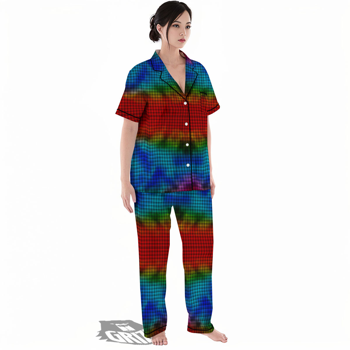 Squares Rainbow Print Pattern Women's Pajamas Set-grizzshop