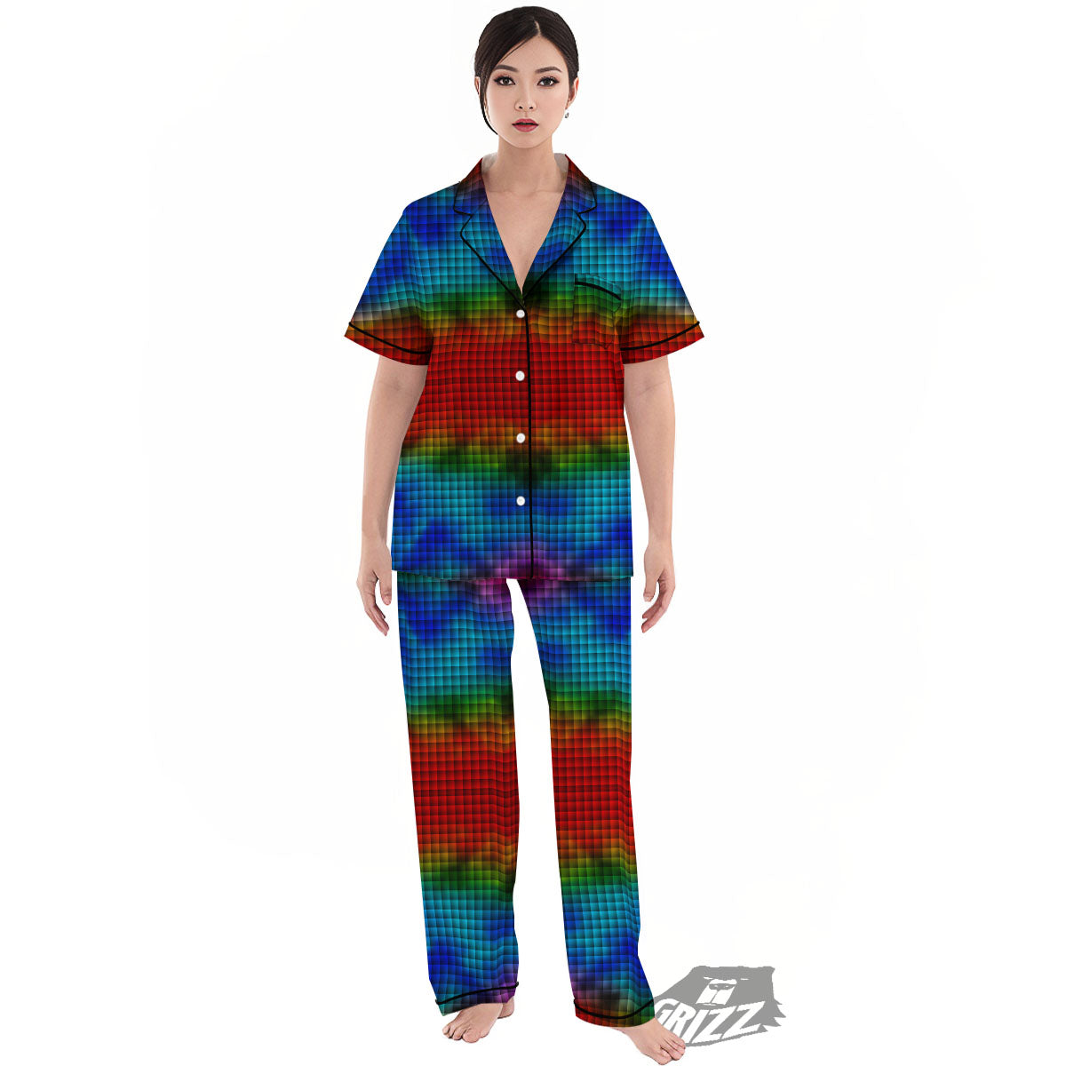 Squares Rainbow Print Pattern Women's Pajamas Set-grizzshop