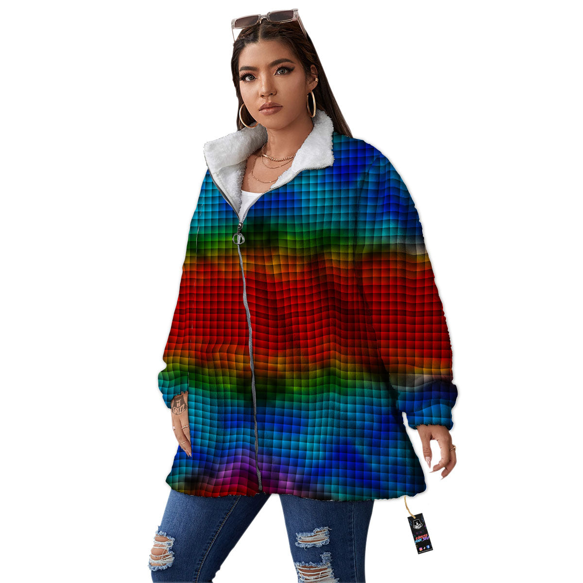 Squares Rainbow Print Pattern Women's Sherpa Jacket-grizzshop