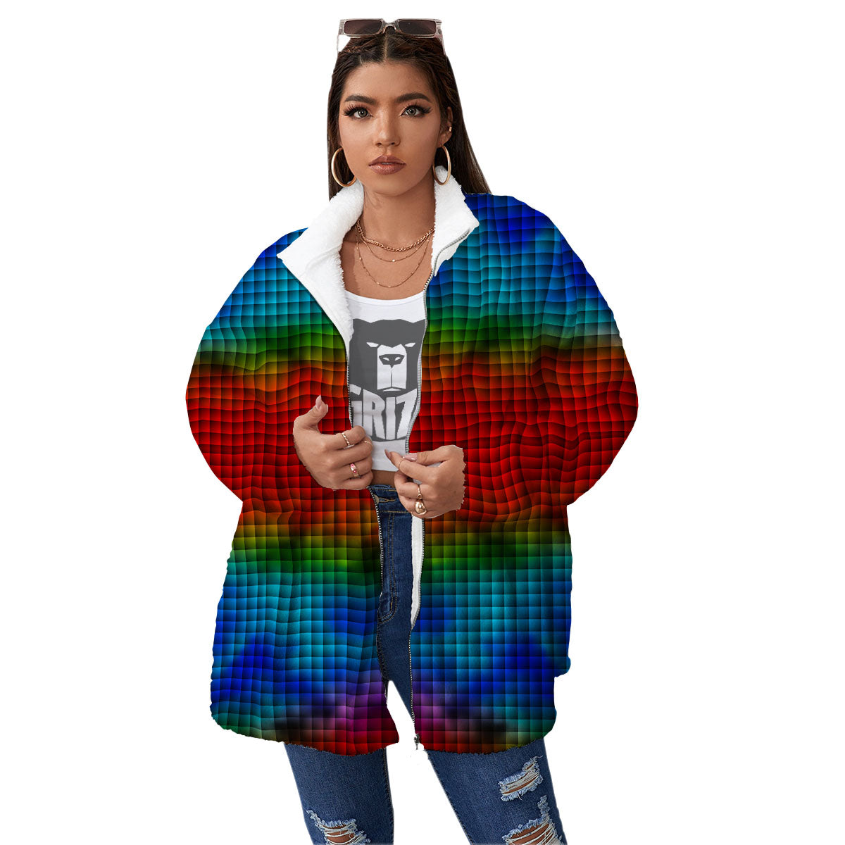 Squares Rainbow Print Pattern Women's Sherpa Jacket-grizzshop
