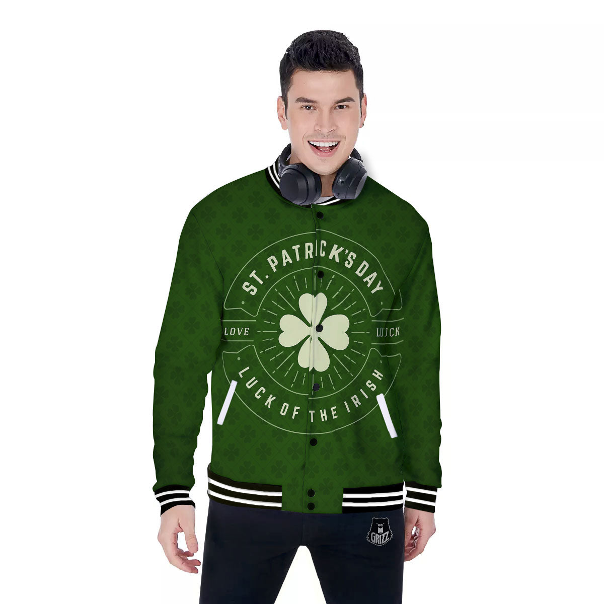 St. Patrick's Day Four Leaf Clover Print Baseball Jacket-grizzshop