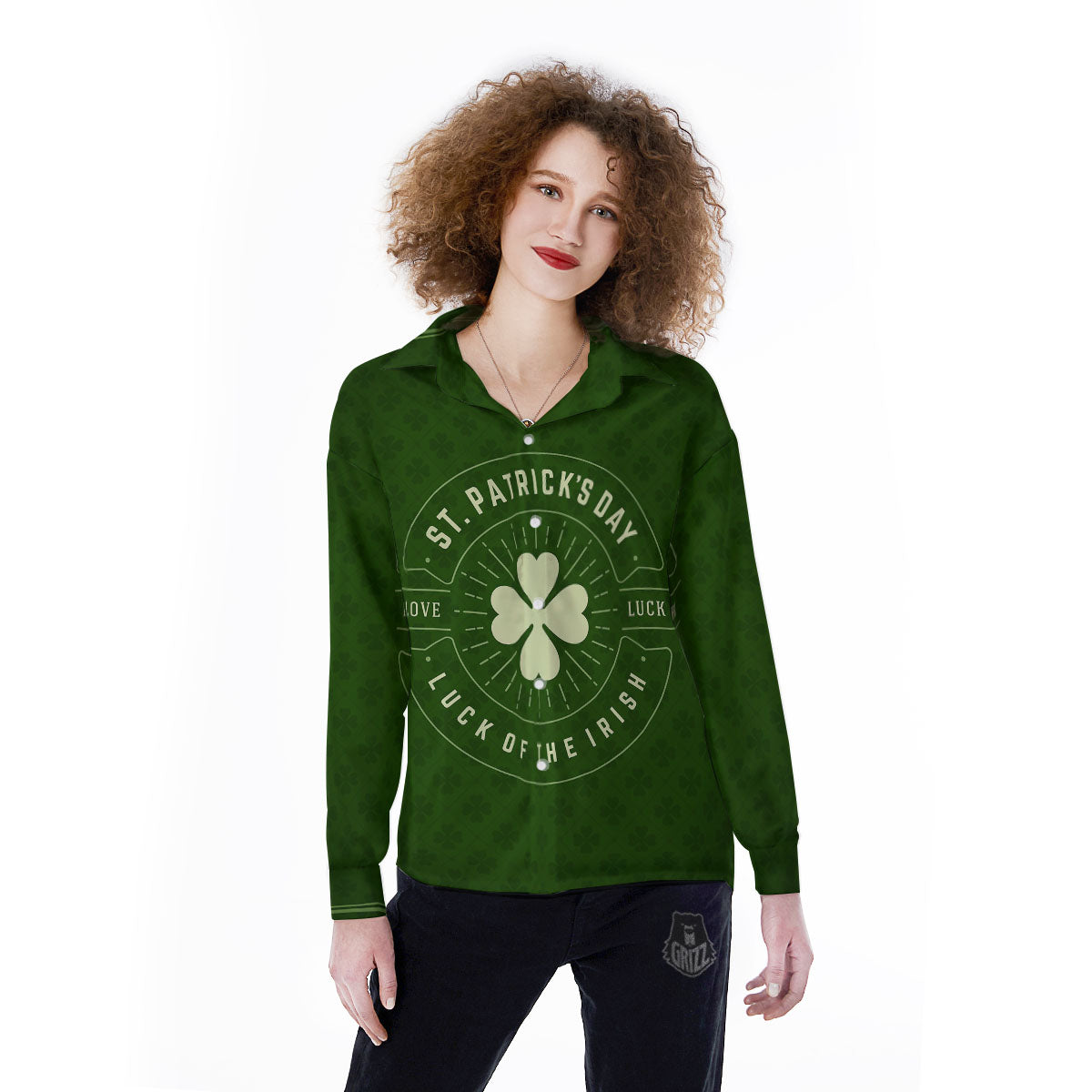 St. Patrick's Day Four Leaf Clover Print Women's Long Sleeve Shirts-grizzshop