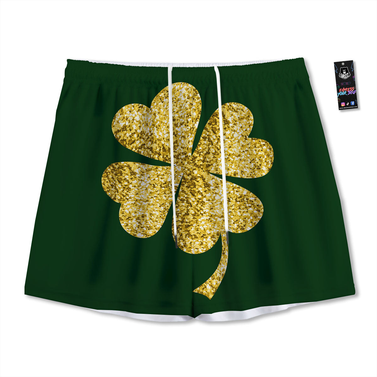 St. Patrick's Day Gold Clover Print Mesh Shorts