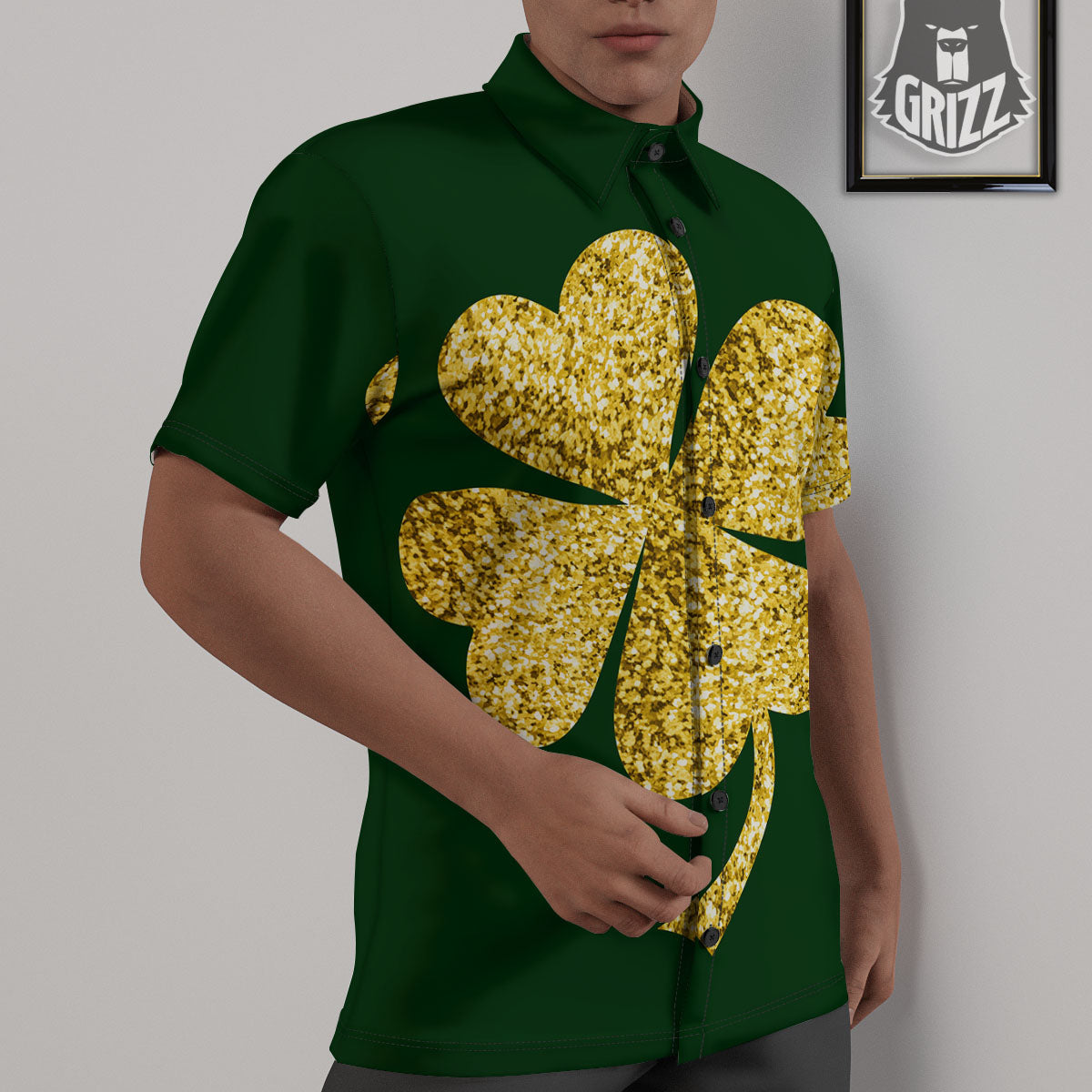 St. Patrick's Day Gold Clover Print Untucked Shirts-grizzshop