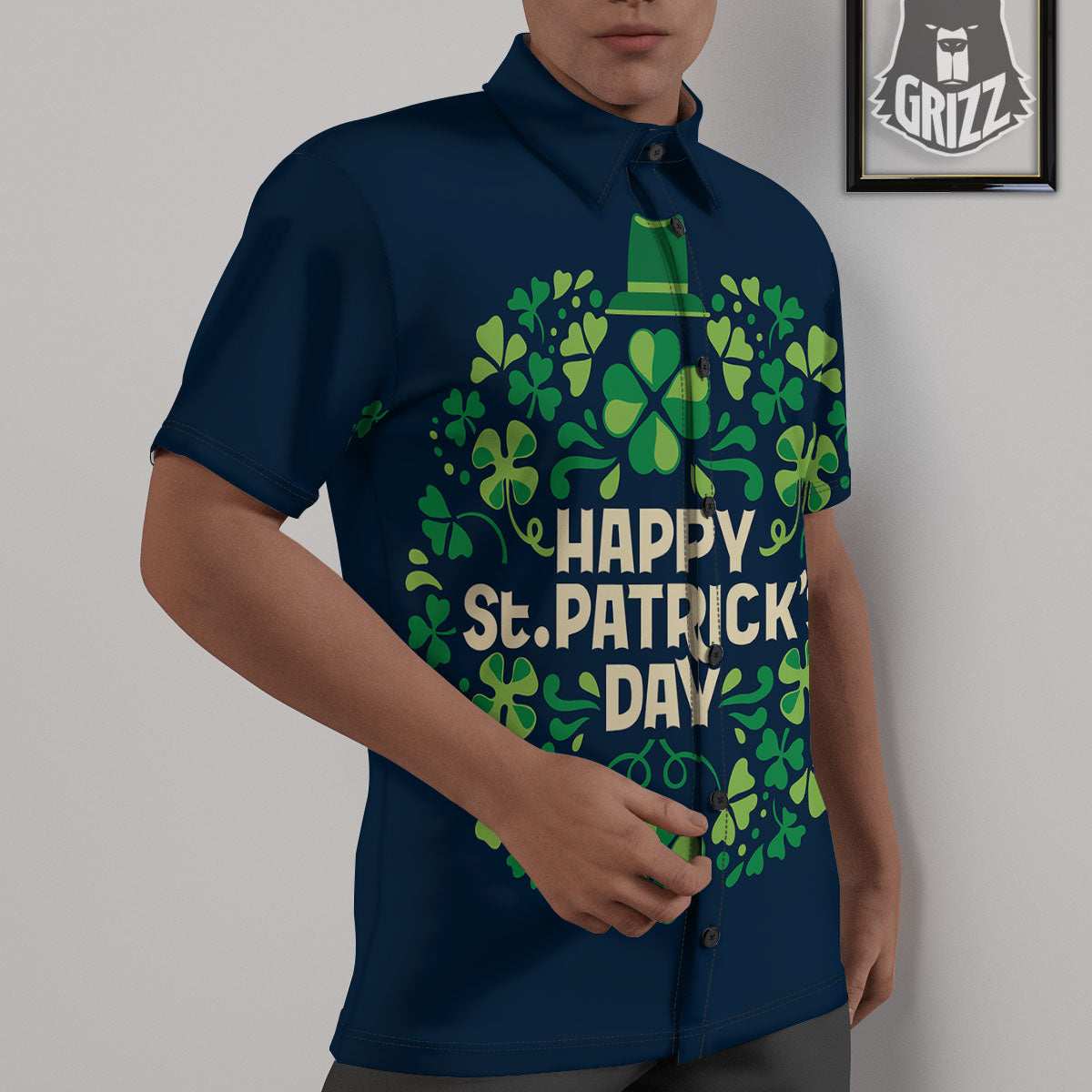 St. Patrick's Day Green Clover Print Untucked Shirts-grizzshop