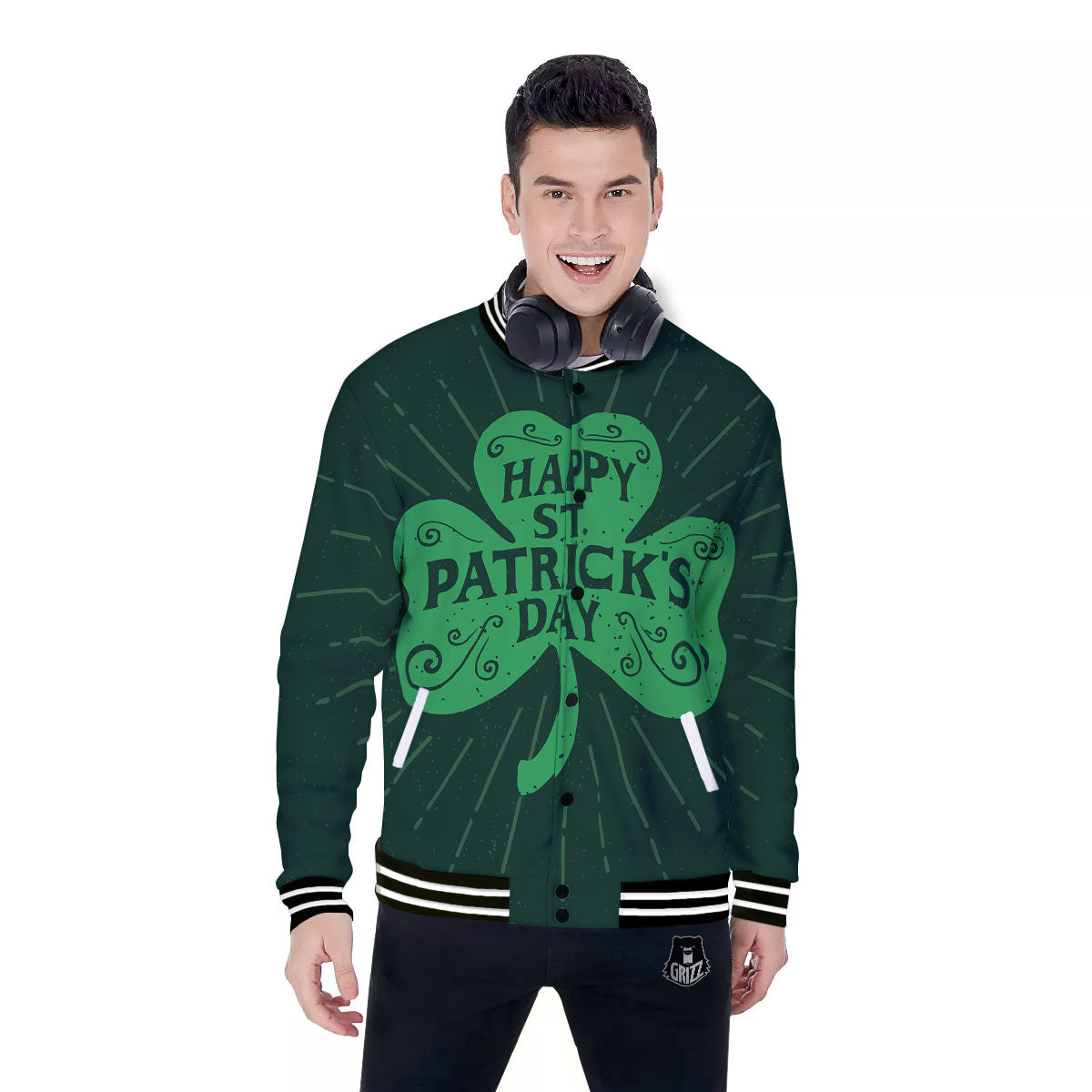 St. Patrick's Day Irish Clover Print Baseball Jacket-grizzshop