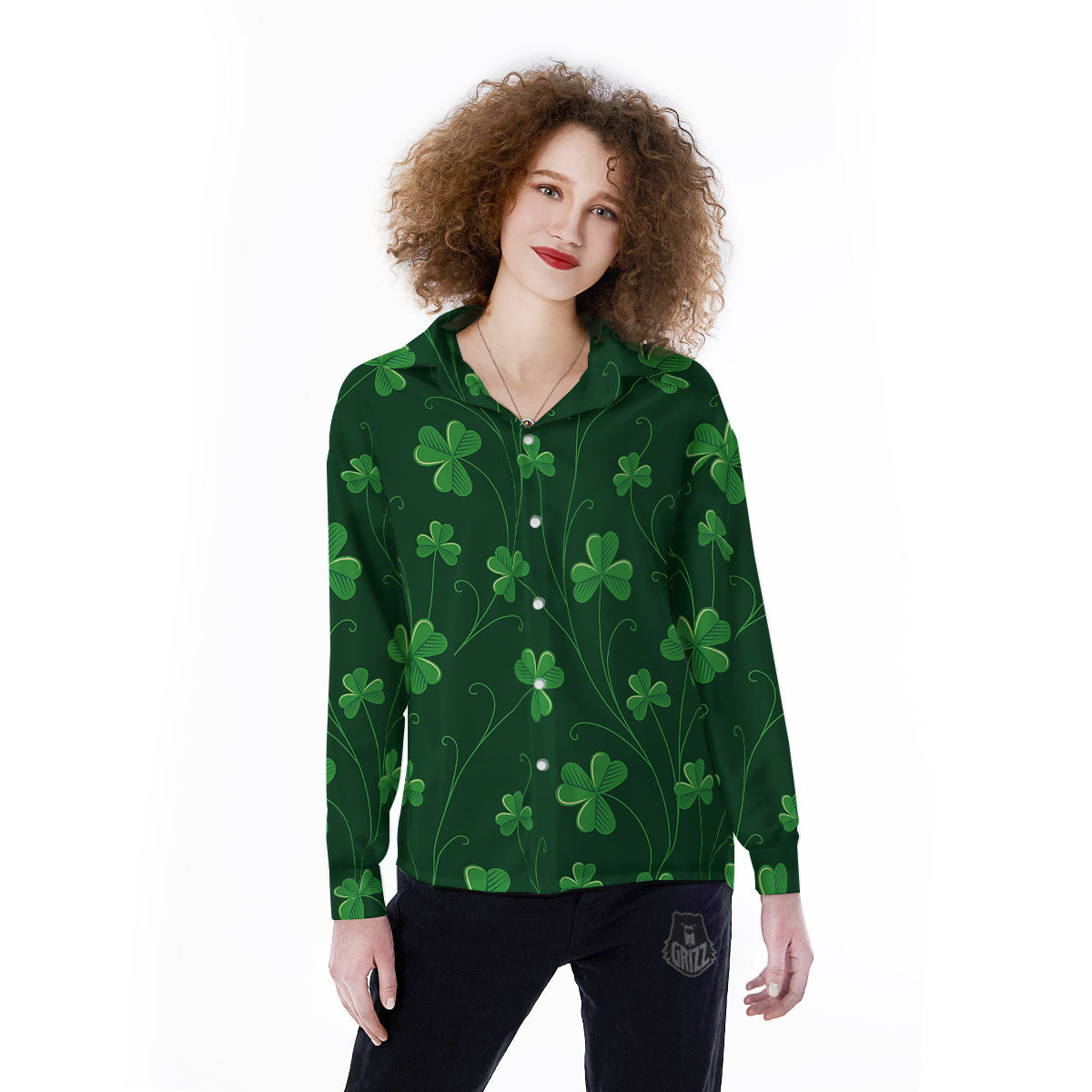 St. Patrick's Day Irish Leaf Print Women's Long Sleeve Shirts-grizzshop