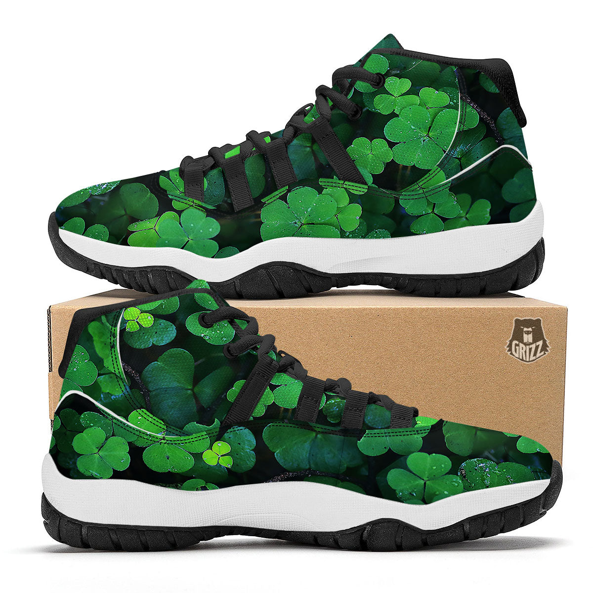 St. Patrick's Day Shamrock Clover Print Black Bball Shoes-grizzshop