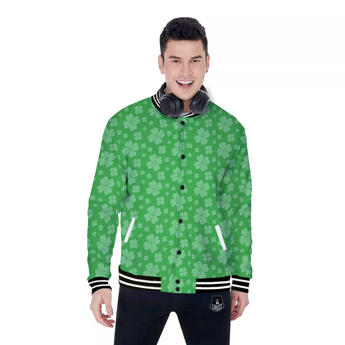 St. Patrick's Day Shamrock Leaf Print Pattern Baseball Jacket-grizzshop