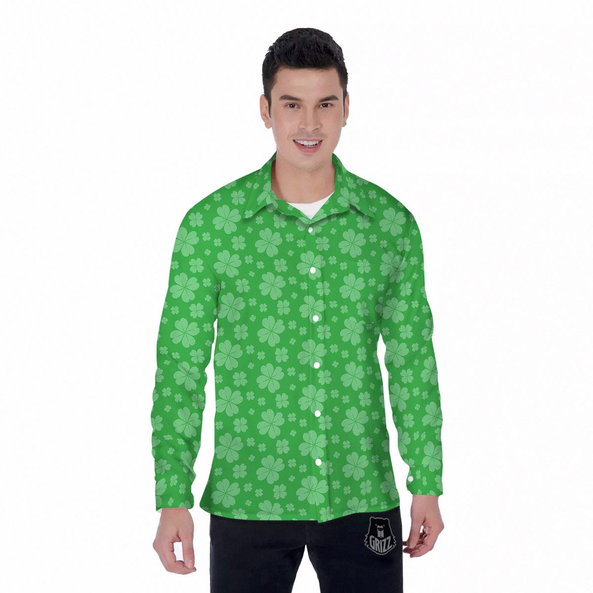 St. Patrick's Day Shamrock Leaf Print Pattern Men's Long Sleeve Shirts-grizzshop