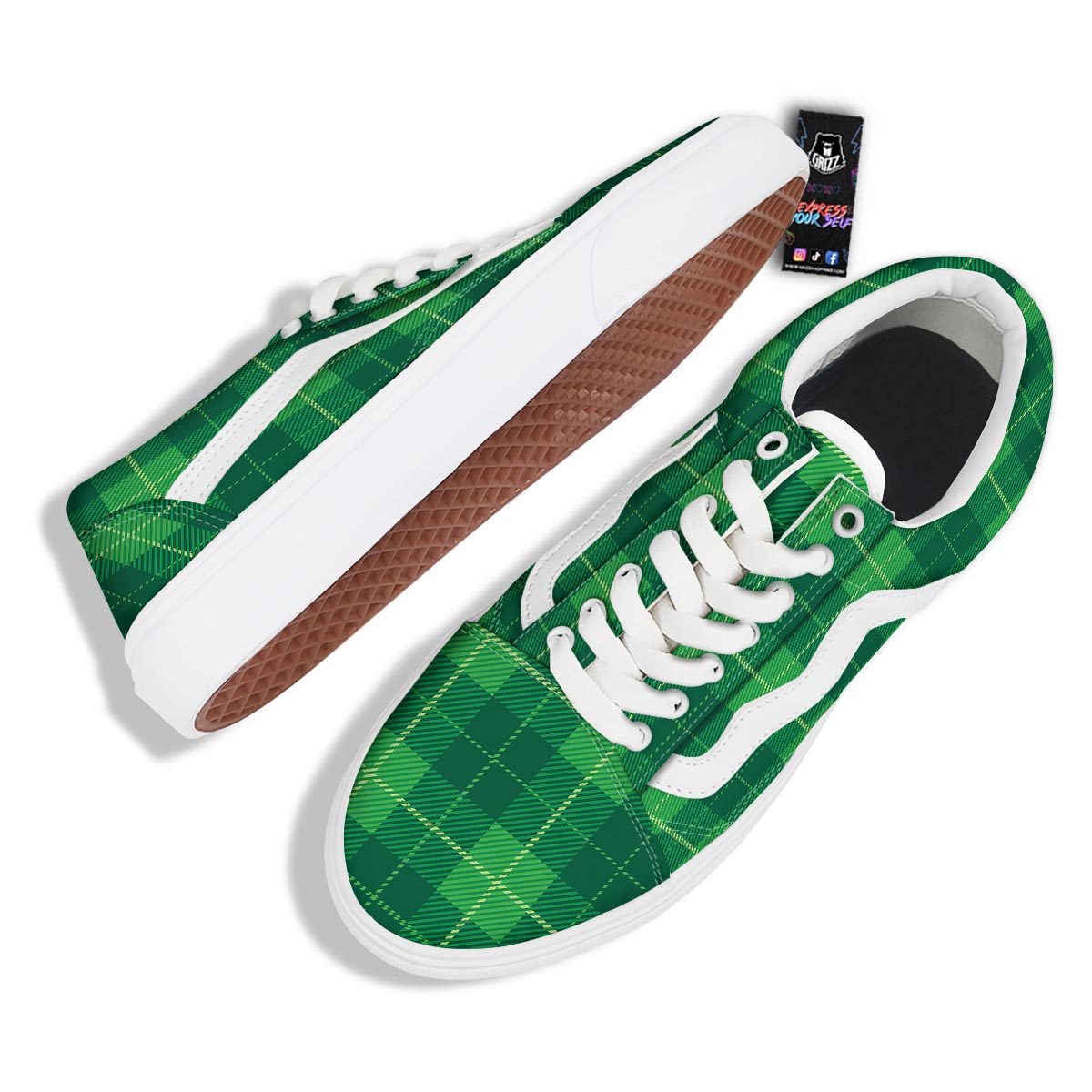 St. Patrick's Day Shamrock Tartan Print Pattern Skate Shoes-grizzshop