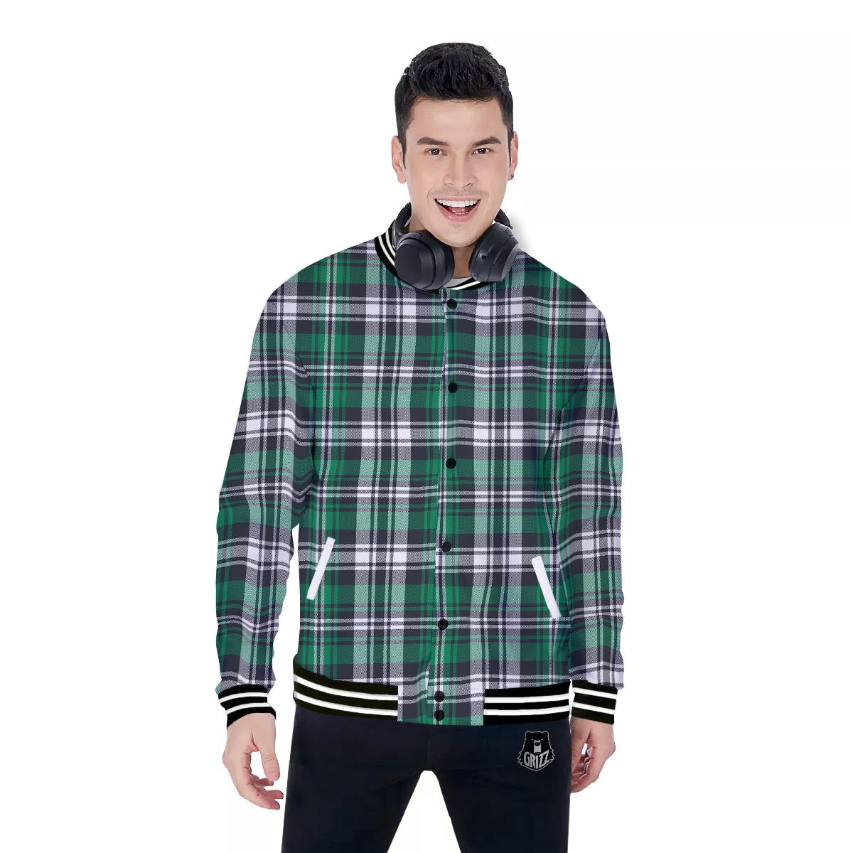 St. Patrick's Day Tartan Shamrock Print Pattern Baseball Jacket-grizzshop