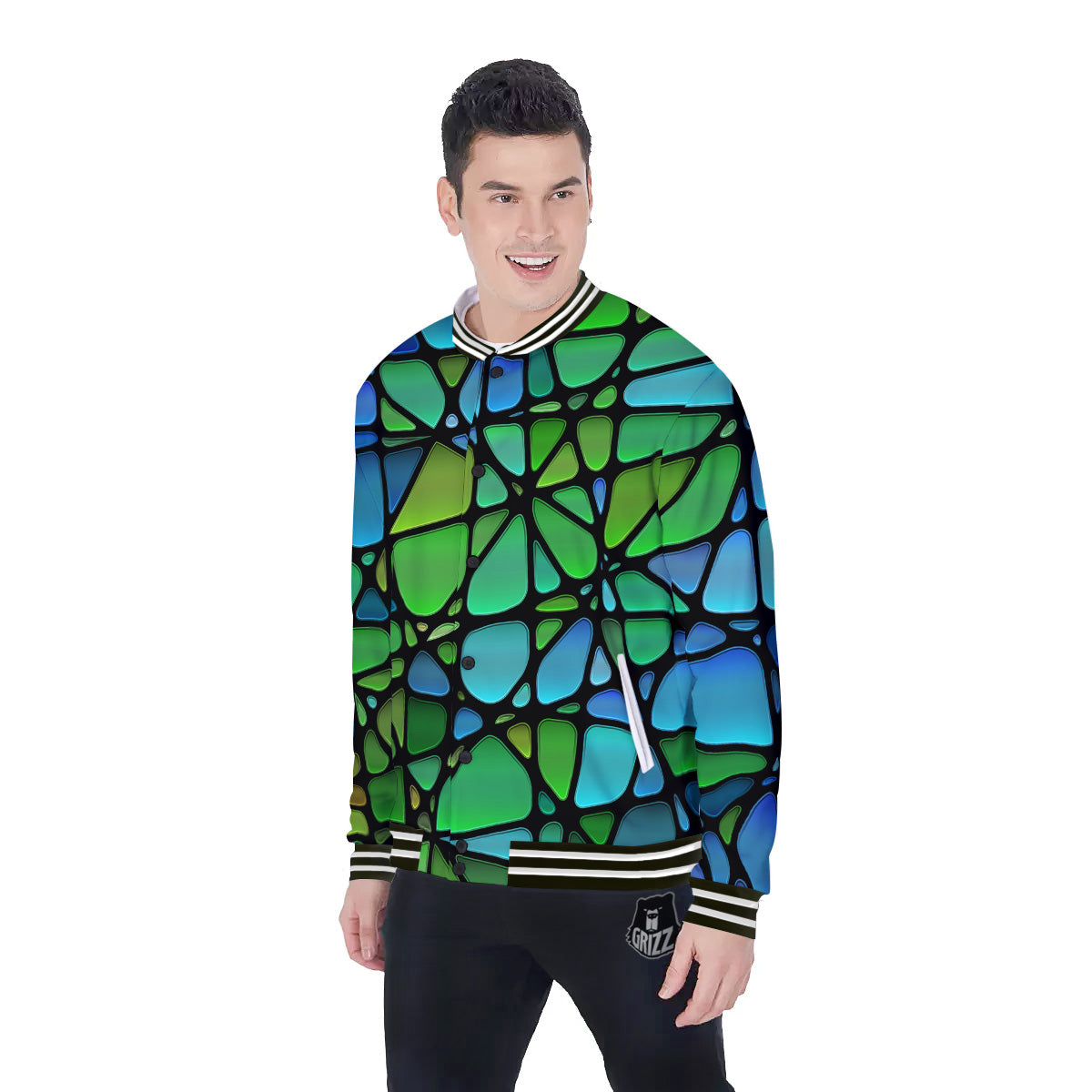 Stained Glass Green And Blue Print Baseball Jacket-grizzshop