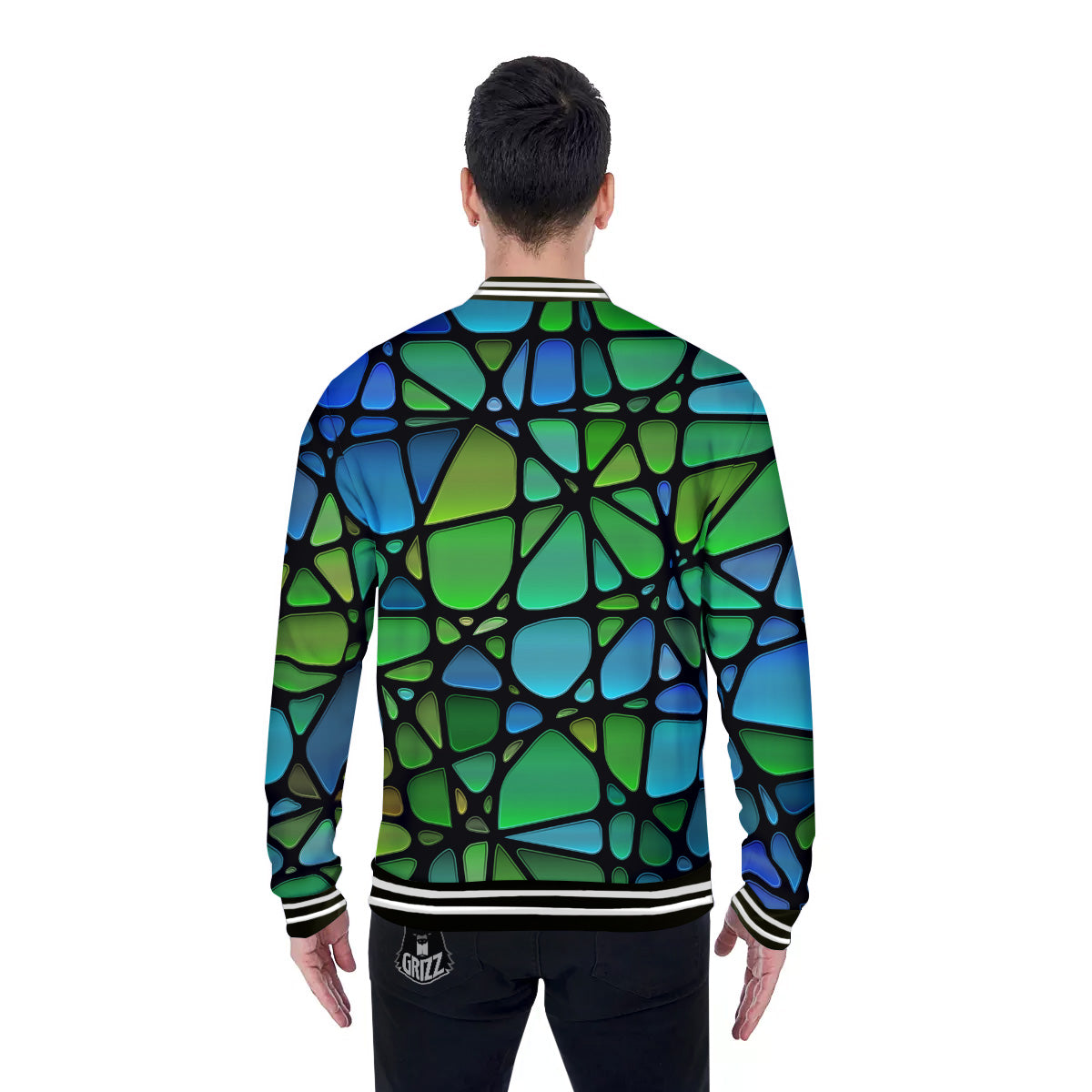 Stained Glass Green And Blue Print Baseball Jacket-grizzshop