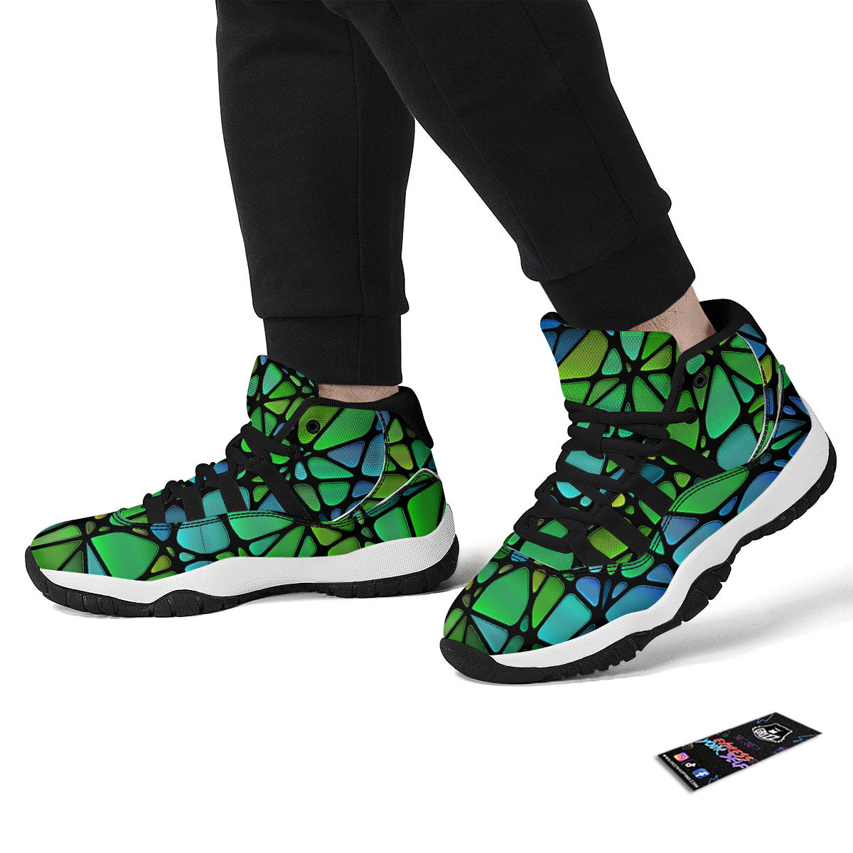 Stained Glass Green And Blue Print Black Bball Shoes-grizzshop