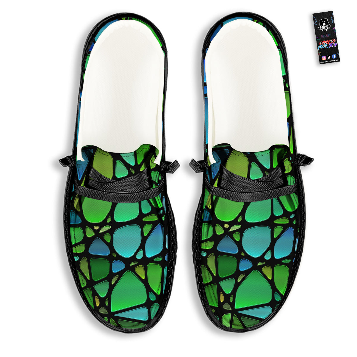 Stained Glass Green And Blue Print Black Loafers-grizzshop