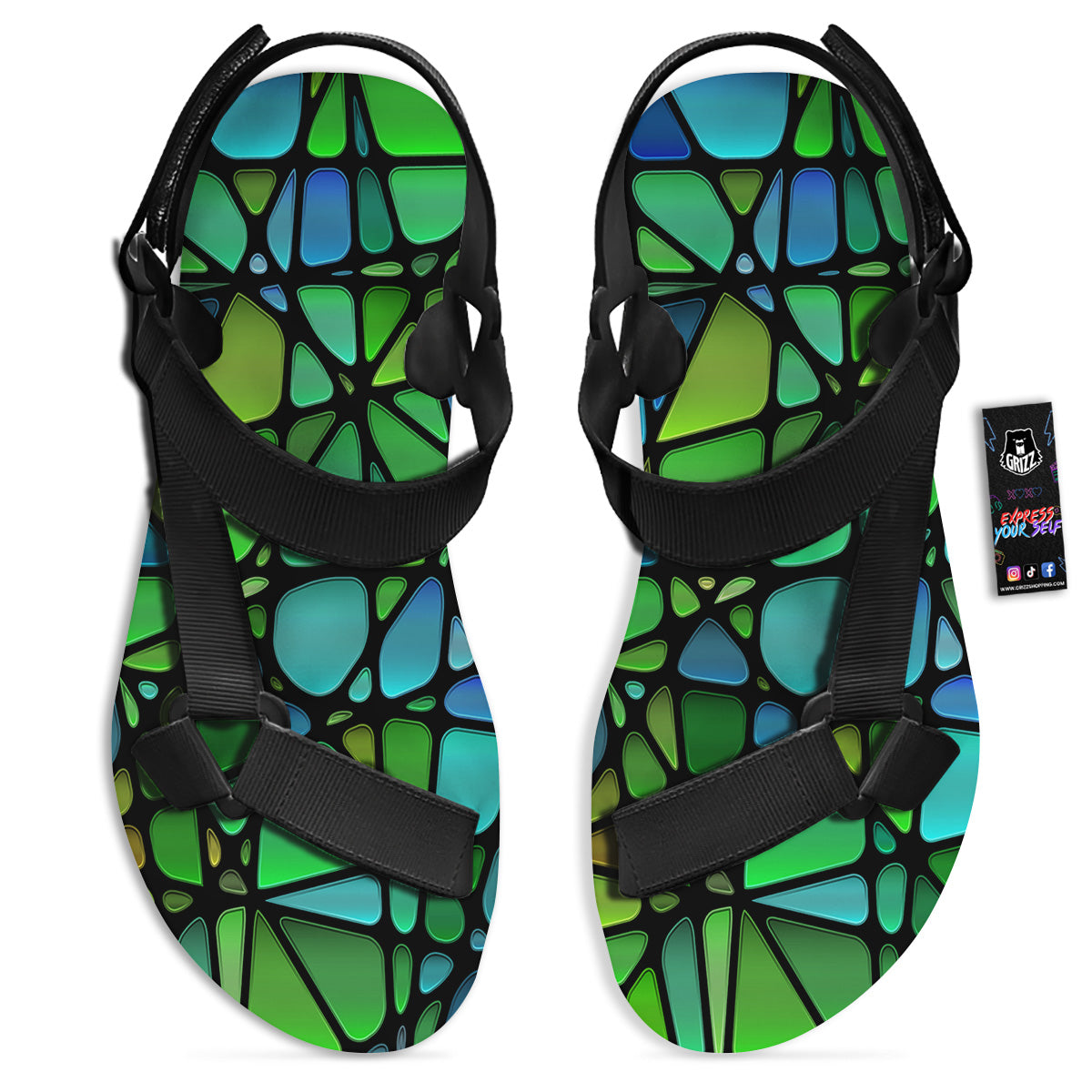 Stained Glass Green And Blue Print Black Open Toe Sandals-grizzshop