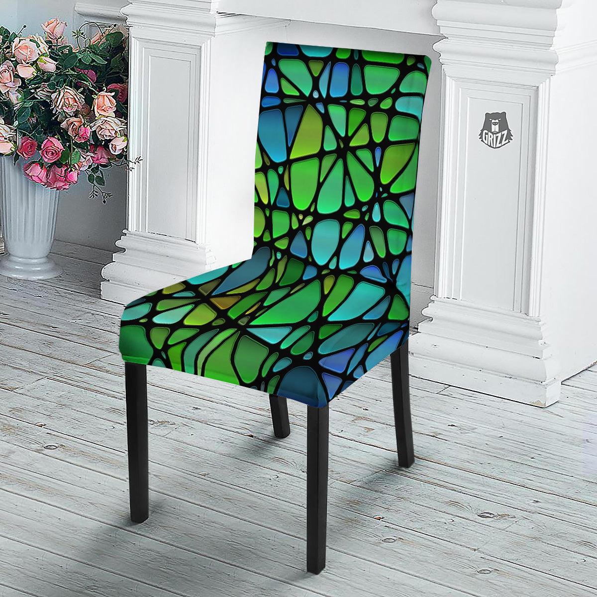 Stained Glass Green And Blue Print Dining Chair Slipcover-grizzshop