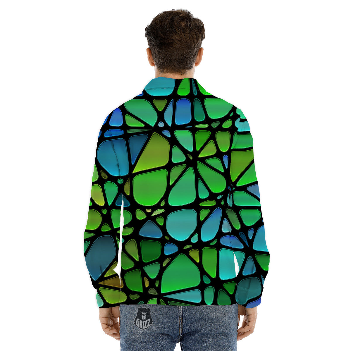 Stained Glass Green And Blue Print Men's Dress Shirts-grizzshop