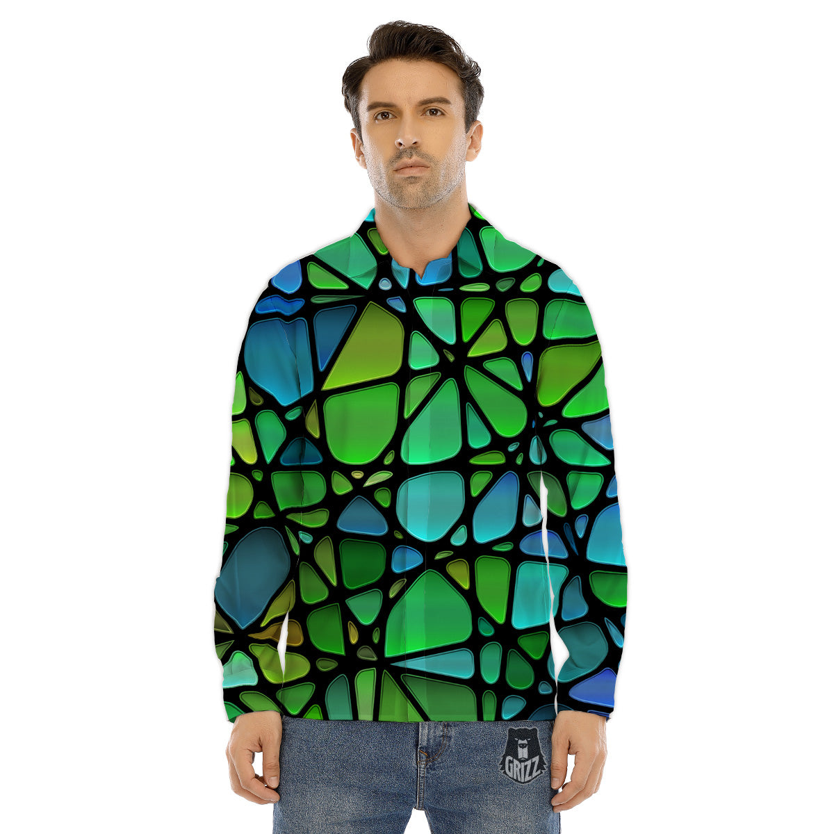 Stained Glass Green And Blue Print Men's Dress Shirts-grizzshop