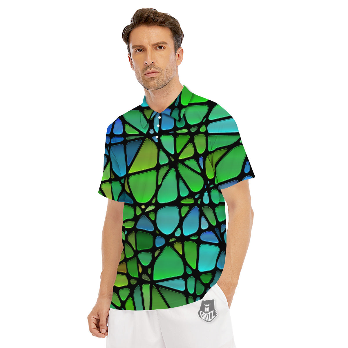 Stained Glass Green And Blue Print Men's Golf Shirts-grizzshop