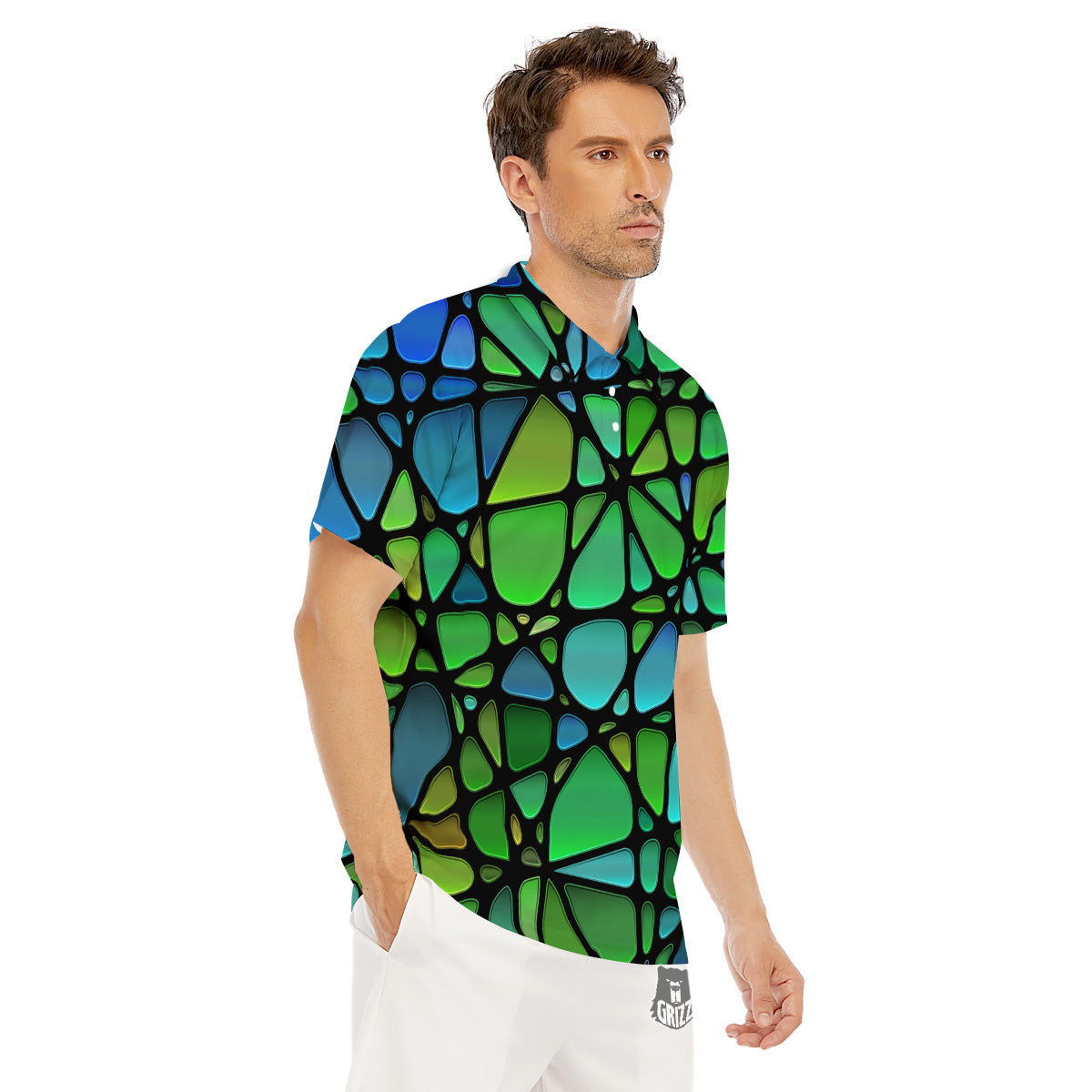 Stained Glass Green And Blue Print Men's Golf Shirts-grizzshop