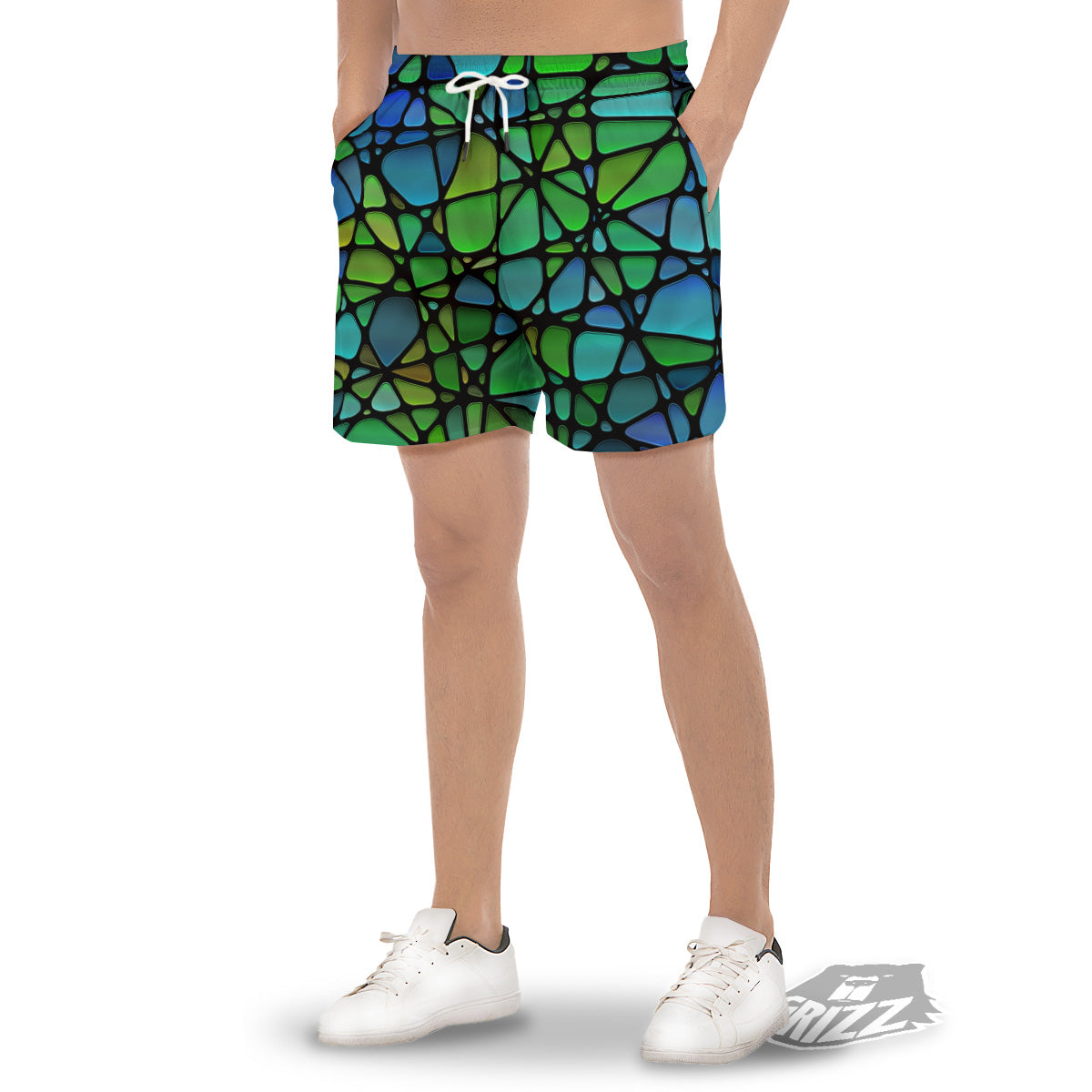Stained Glass Green And Blue Print Men's Gym Shorts-grizzshop