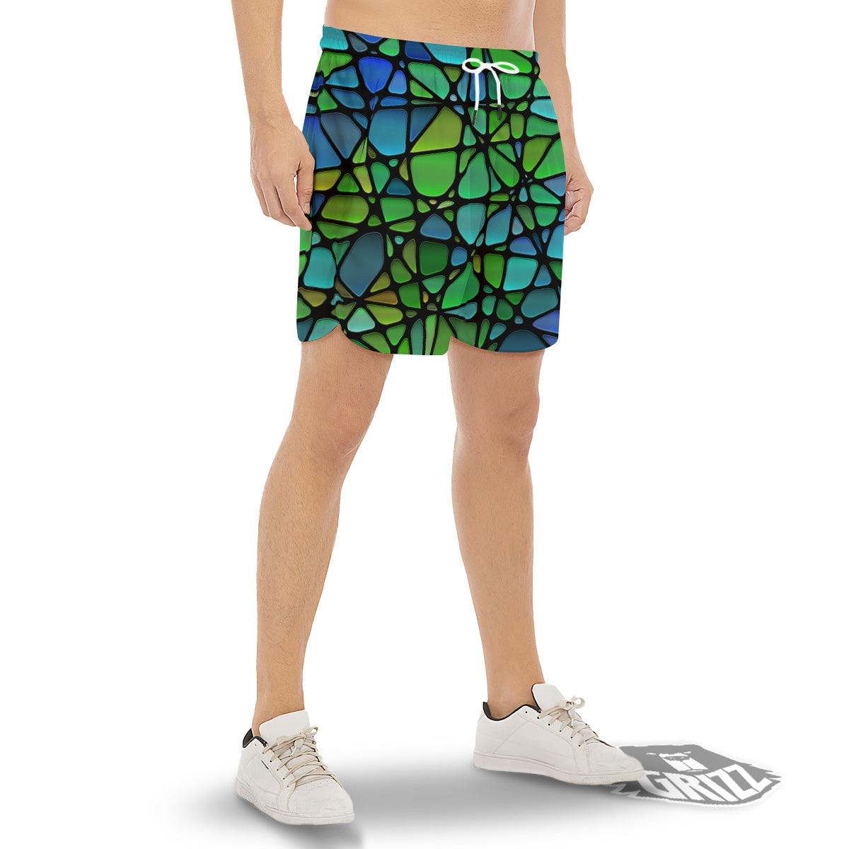 Stained Glass Green And Blue Print Men's Gym Shorts-grizzshop