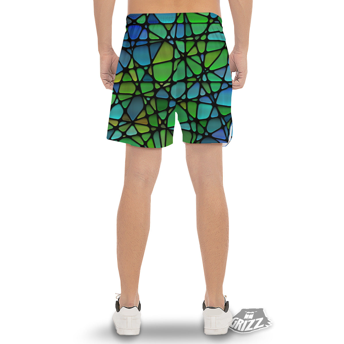 Stained Glass Green And Blue Print Men's Gym Shorts-grizzshop