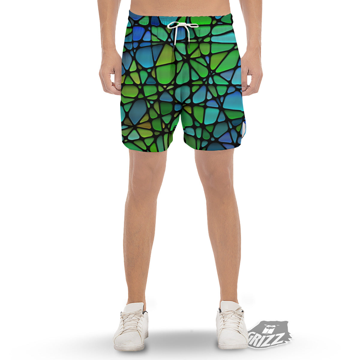 Stained Glass Green And Blue Print Men's Gym Shorts-grizzshop
