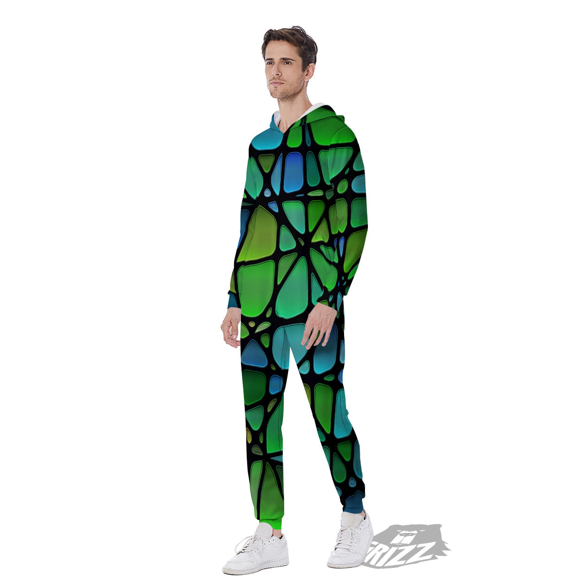 Stained Glass Green And Blue Print Men's Jumpsuit-grizzshop