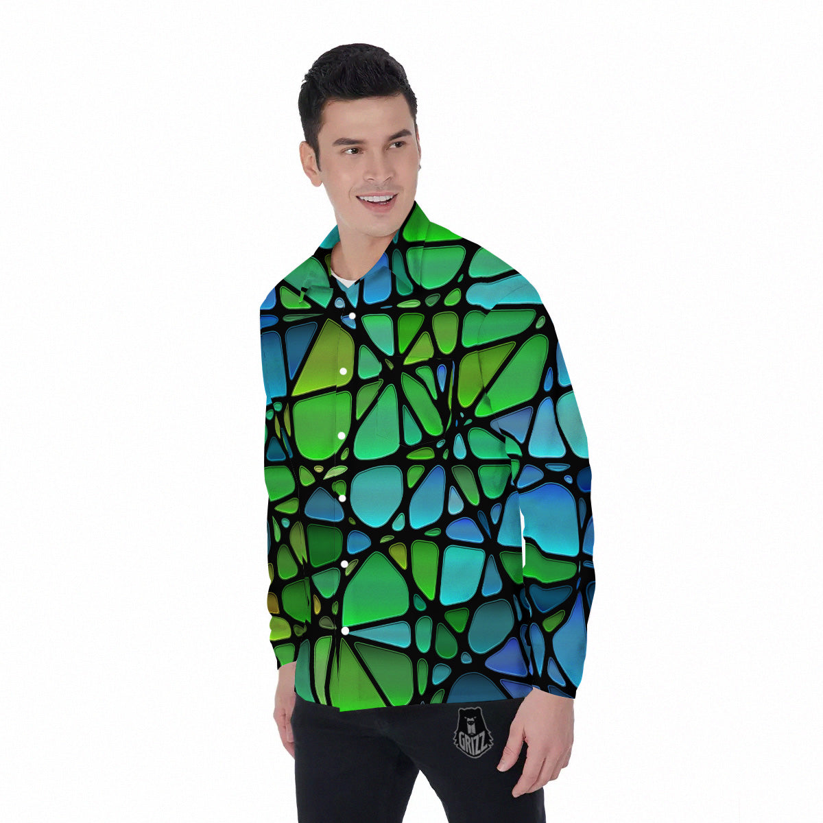 Stained Glass Green And Blue Print Men's Long Sleeve Shirts-grizzshop