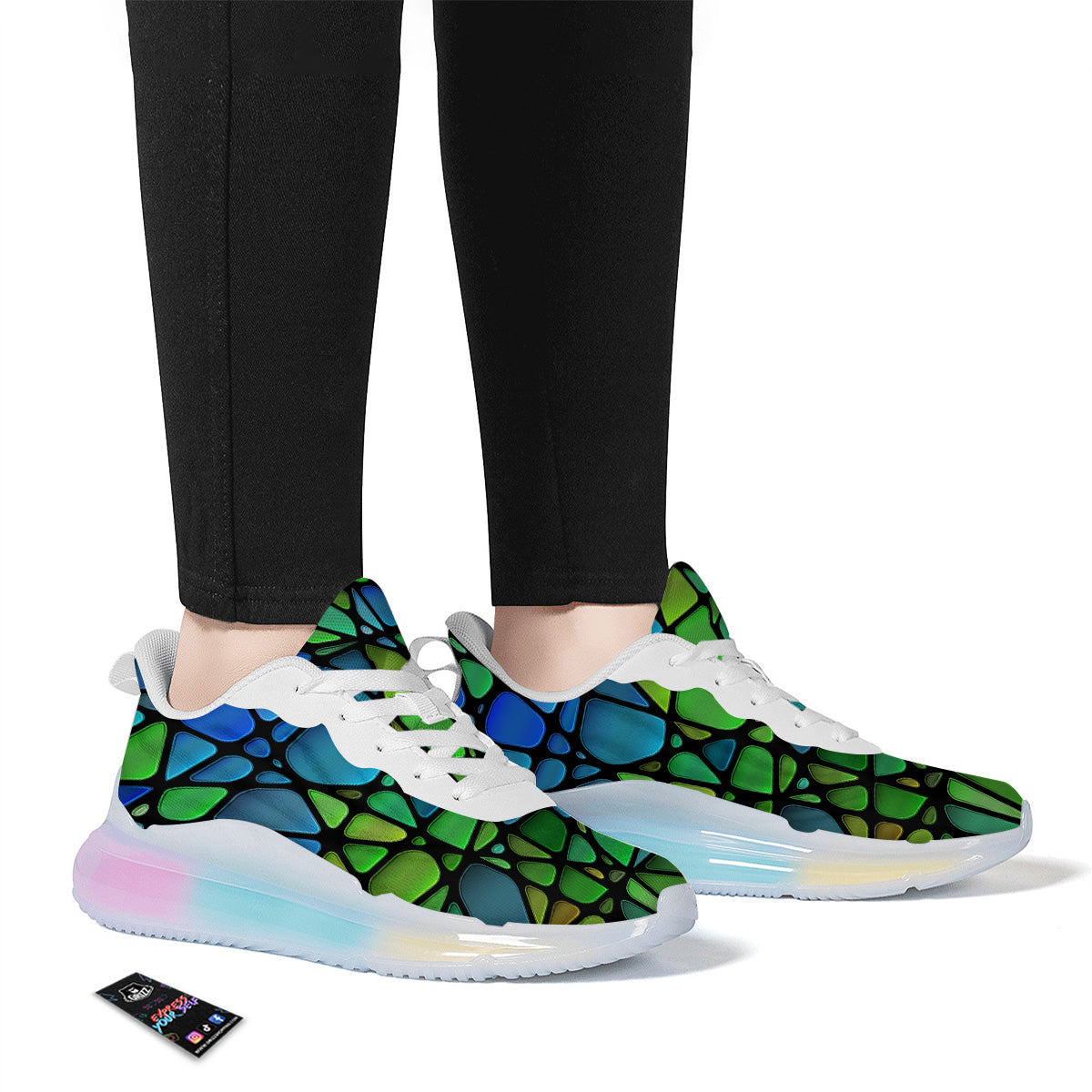 Stained Glass Green And Blue Print Running Sneakers-grizzshop