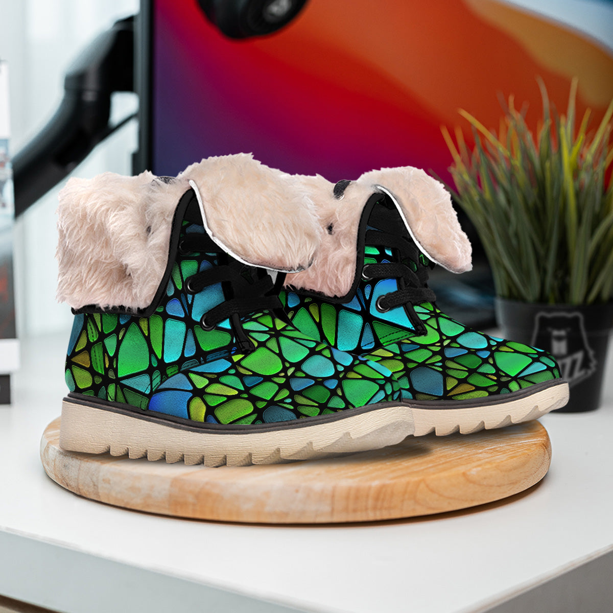 Stained Glass Green And Blue Print Snow Boots-grizzshop