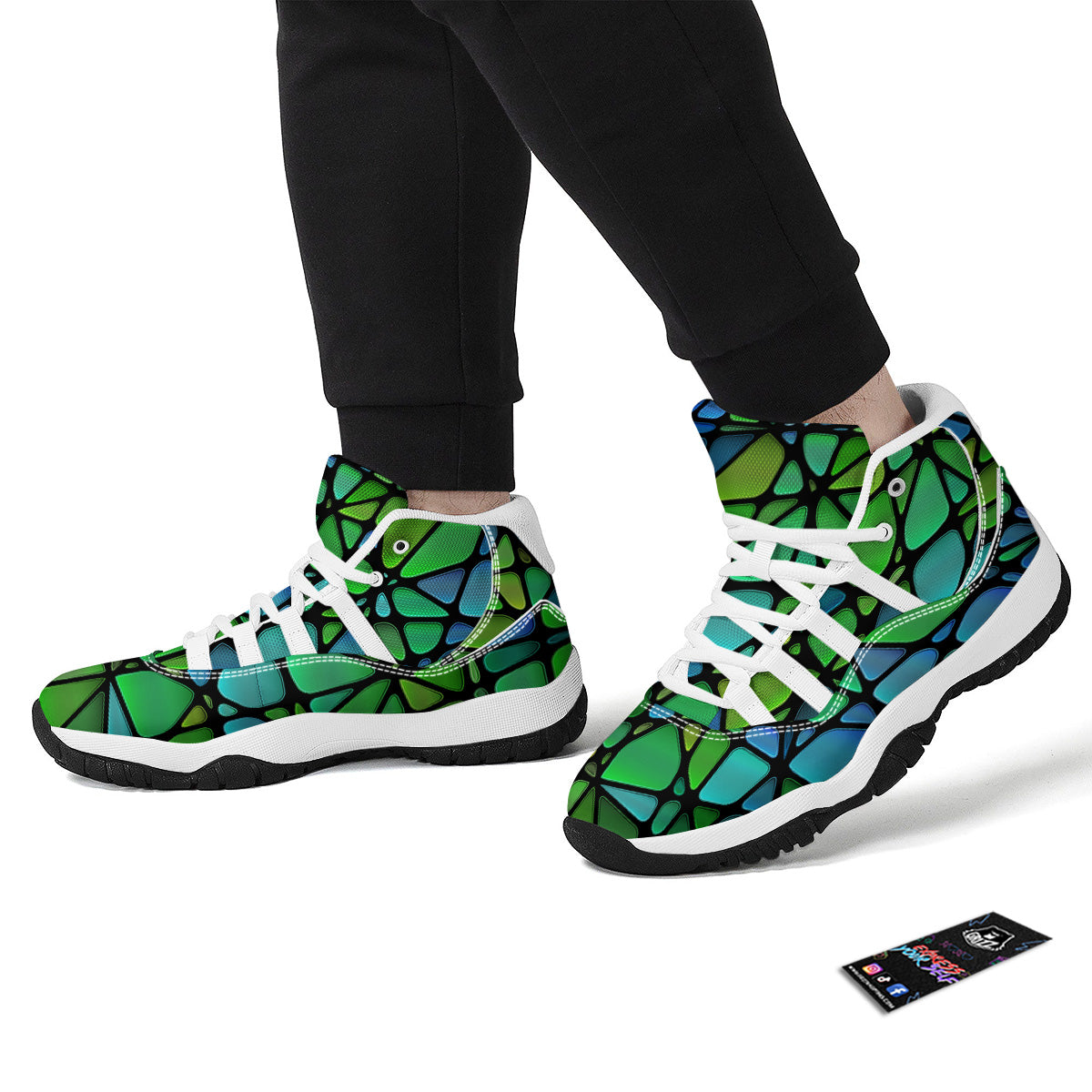 Stained Glass Green And Blue Print White Bball Shoes-grizzshop