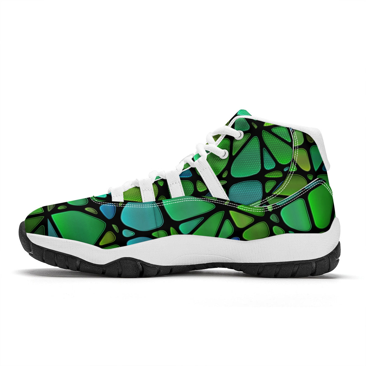 Stained Glass Green And Blue Print White Bball Shoes-grizzshop